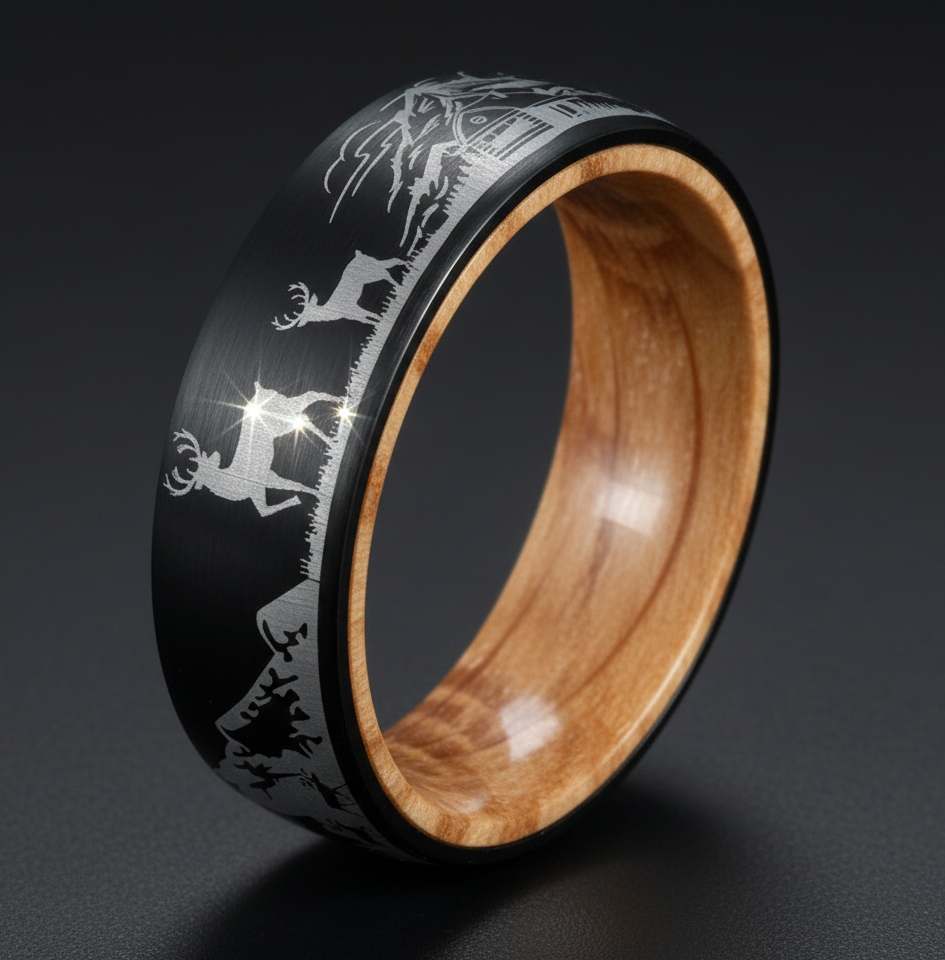 Tungsten Nature Ring with Whiskey Barrel Wood Liner