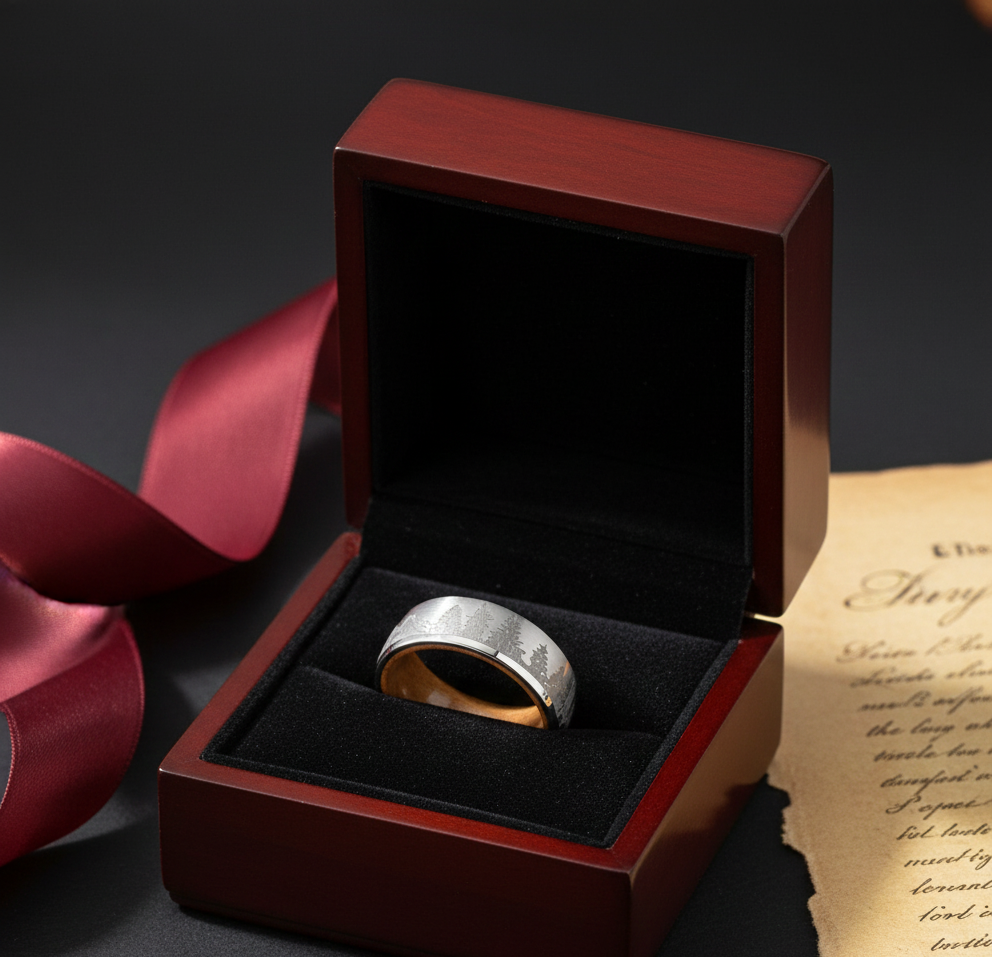 Tungsten Ring Nature Images with Whiskey Barrel Wood Liner