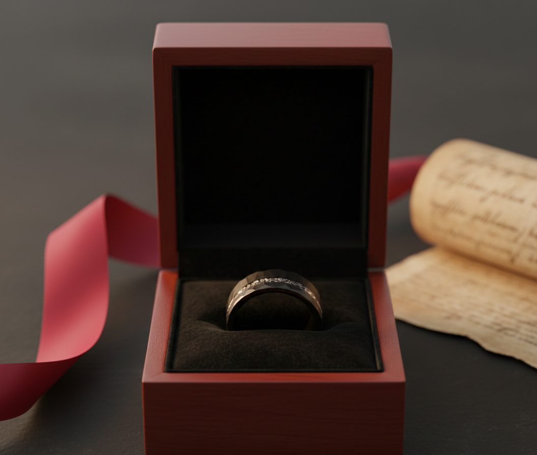 Obsidian Relic Black Tungsten Ring with Crushed Meteorite Inlay