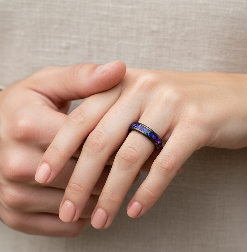 Midnight Aurora Black Plated Tungsten Ring with Alexandrite Inlay