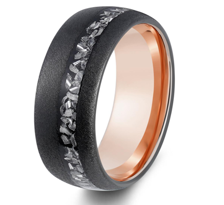 Celestial Forge Black & Rose Gold Tungsten Ring with Meteorite Shavings Inlay