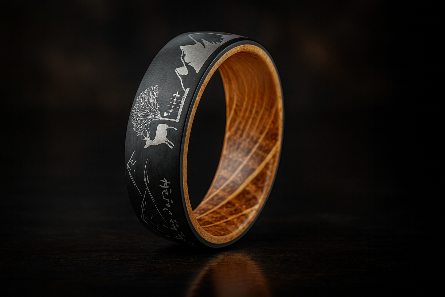 “Evergreen Summit” Black Tungsten Ring with Whiskey Barrel Wood Inlay and Deer & Mountain Engraving – 8 mm