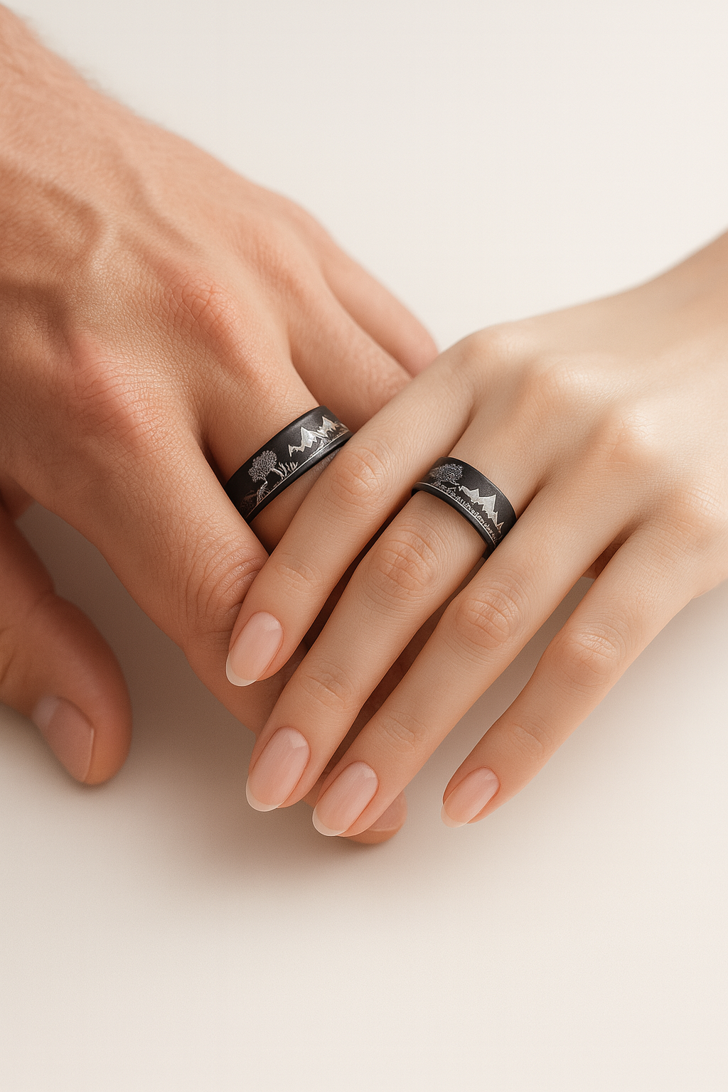 “Evergreen Summit” Black Tungsten Ring with Whiskey Barrel Wood Inlay and Deer & Mountain Engraving – 8 mm