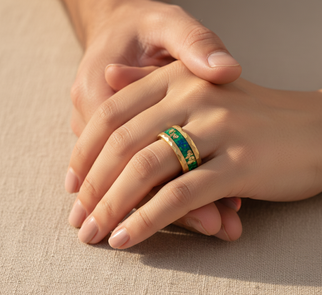 Gilded Legacy Gold Plated Tungsten Ring with Stone and Gold Leaf Inlay