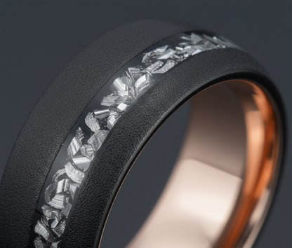 Celestial Forge Black & Rose Gold Tungsten Ring with Meteorite Shavings Inlay