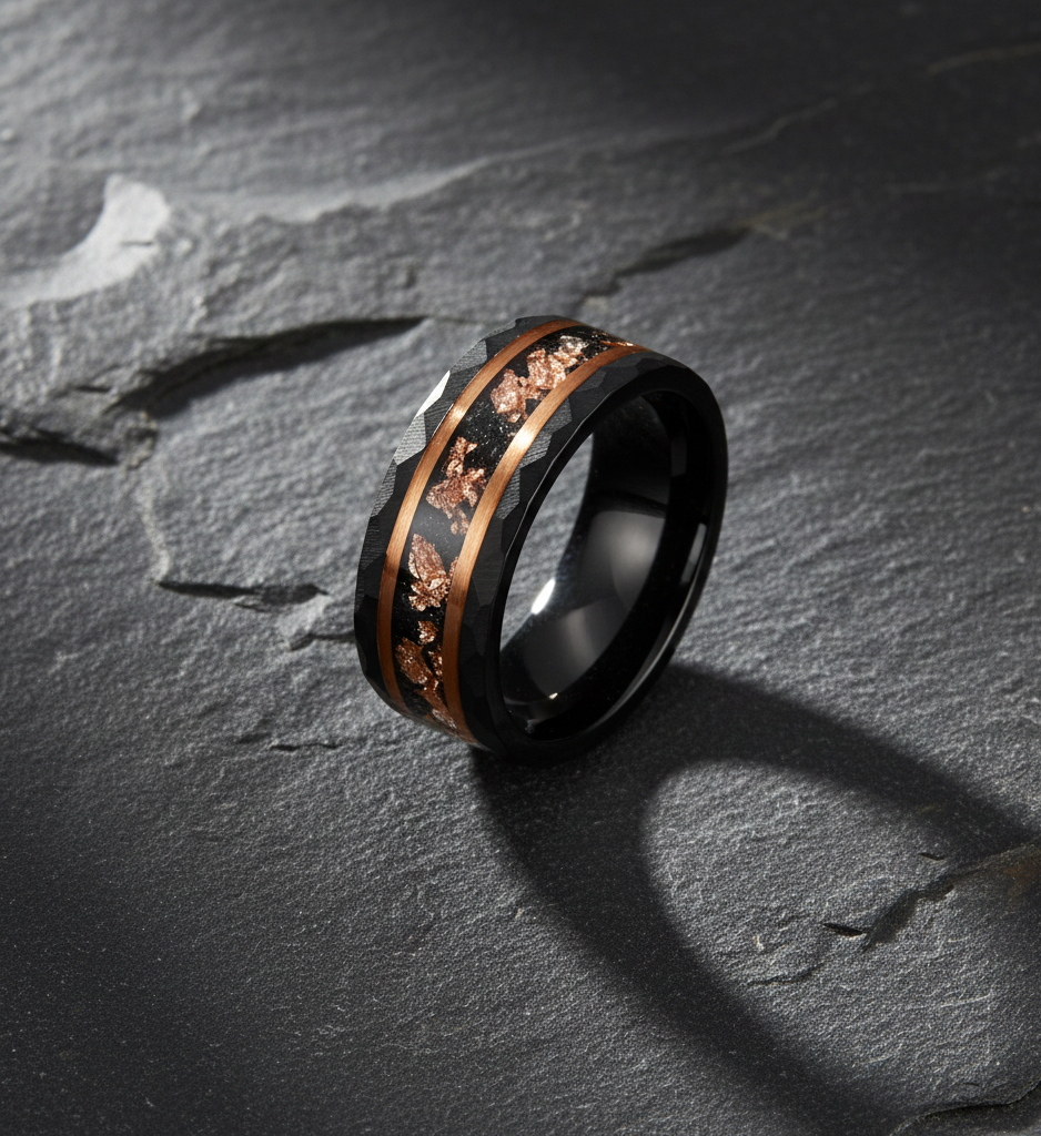 Eclipse Sovereign Black & Rose Gold Tungsten Ring with Meteorite and Rose Gold Leaf Inlay