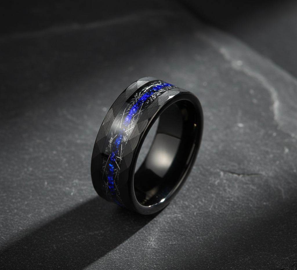 Cosmic Rift Hammered Black Tungsten Ring with Nebula Foil Inlay