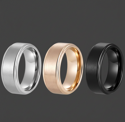 Trinity Ascend Black, Silver & Rose Gold Stepped-Edge Tungsten Ring