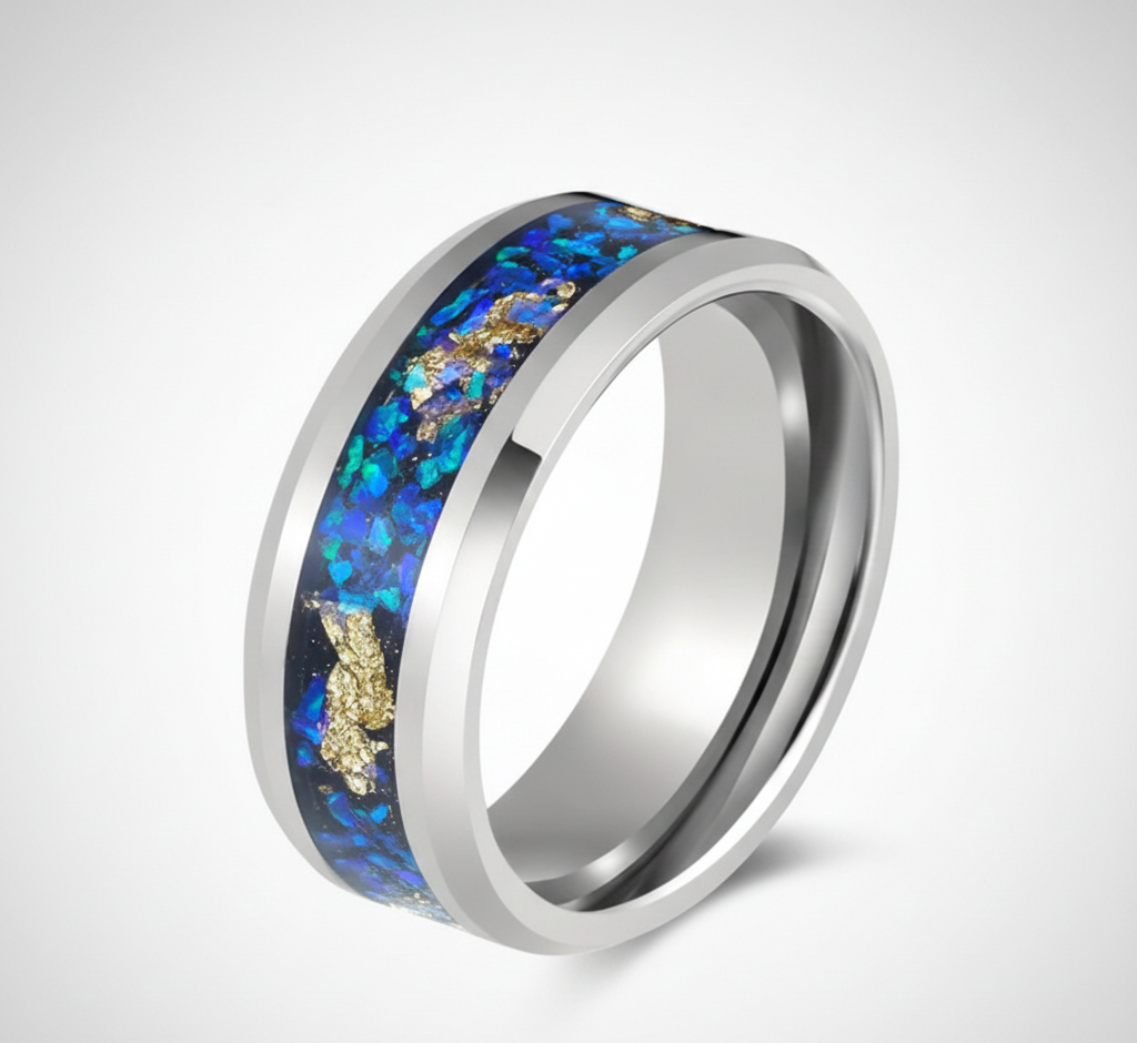 Aurora Gilded Opal Tungsten Ring with Gold Leaf Inlay