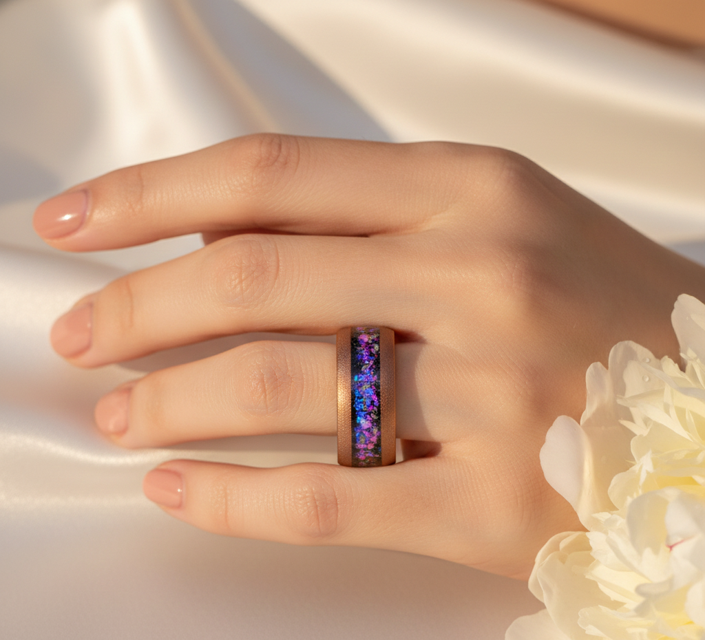 Cosmic Ember Sandblasted Coffee Tungsten Ring with Nebula Inlay