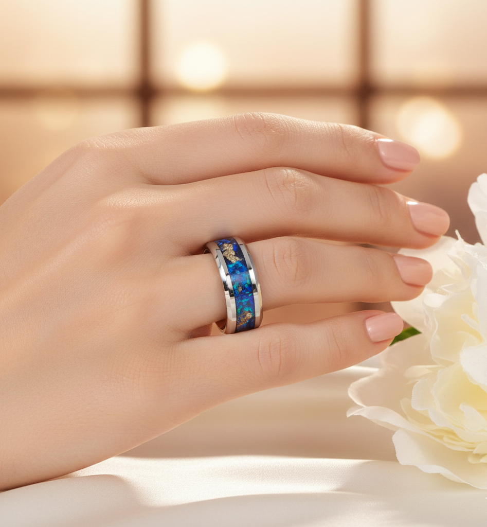 Aurora Gilded Opal Tungsten Ring with Gold Leaf Inlay