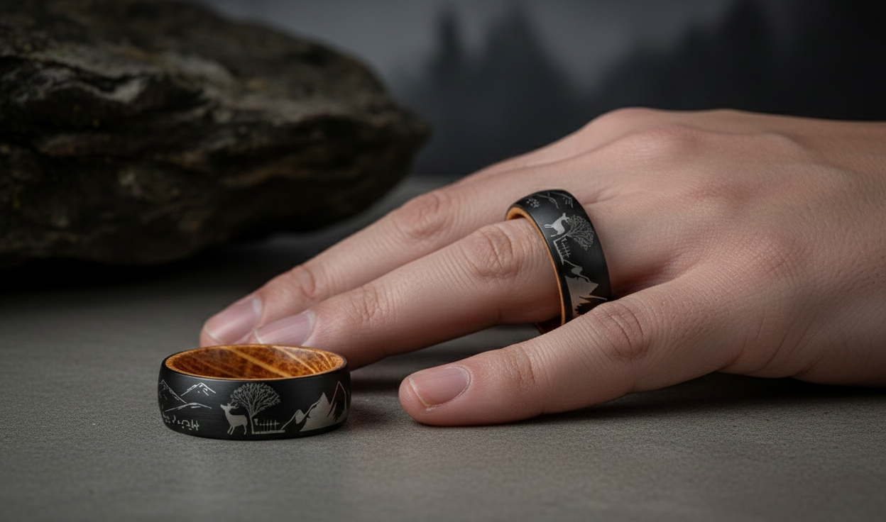 “Evergreen Summit” Black Tungsten Ring with Whiskey Barrel Wood Inlay and Deer & Mountain Engraving – 8 mm