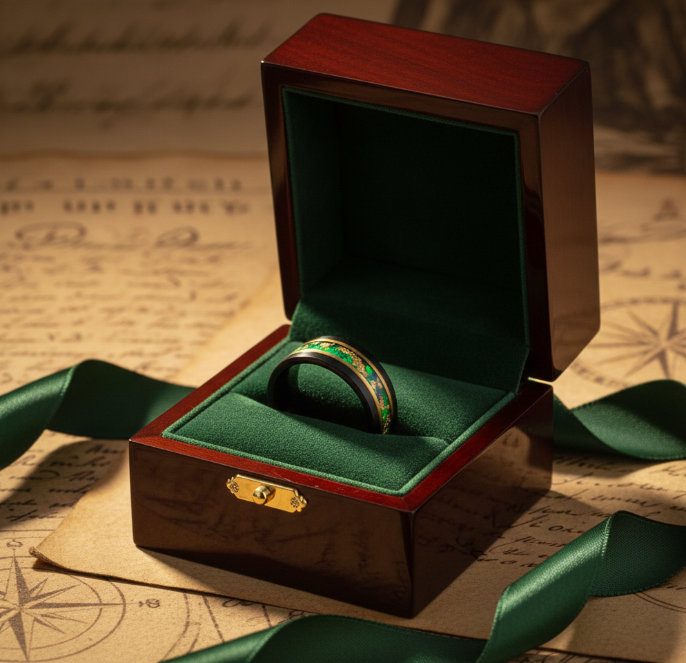 Nocturne Gilded Black & Rose Gold Tungsten Ring with Stone and Gold Leaf Inlay