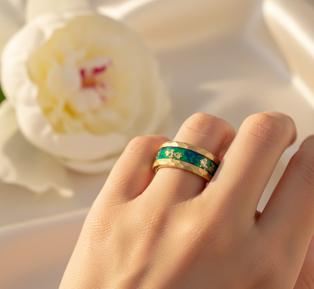 Gilded Legacy Gold Plated Tungsten Ring with Stone and Gold Leaf Inlay