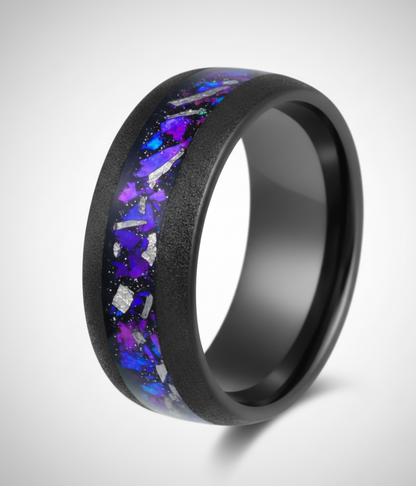 Void Nebula Sandblasted Black Tungsten Ring with Cosmic Nebula Inlay