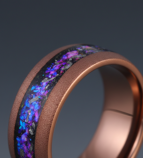 Cosmic Ember Sandblasted Coffee Tungsten Ring with Nebula Inlay