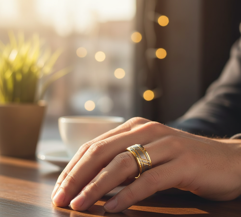 Imperial Weave Gold Plated Tungsten Ring with Brushed Silver