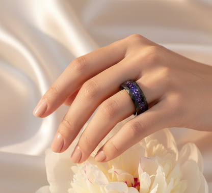 Obsidian Crown Hammered Black Tungsten Ring with Purple Alexandrite Inlay