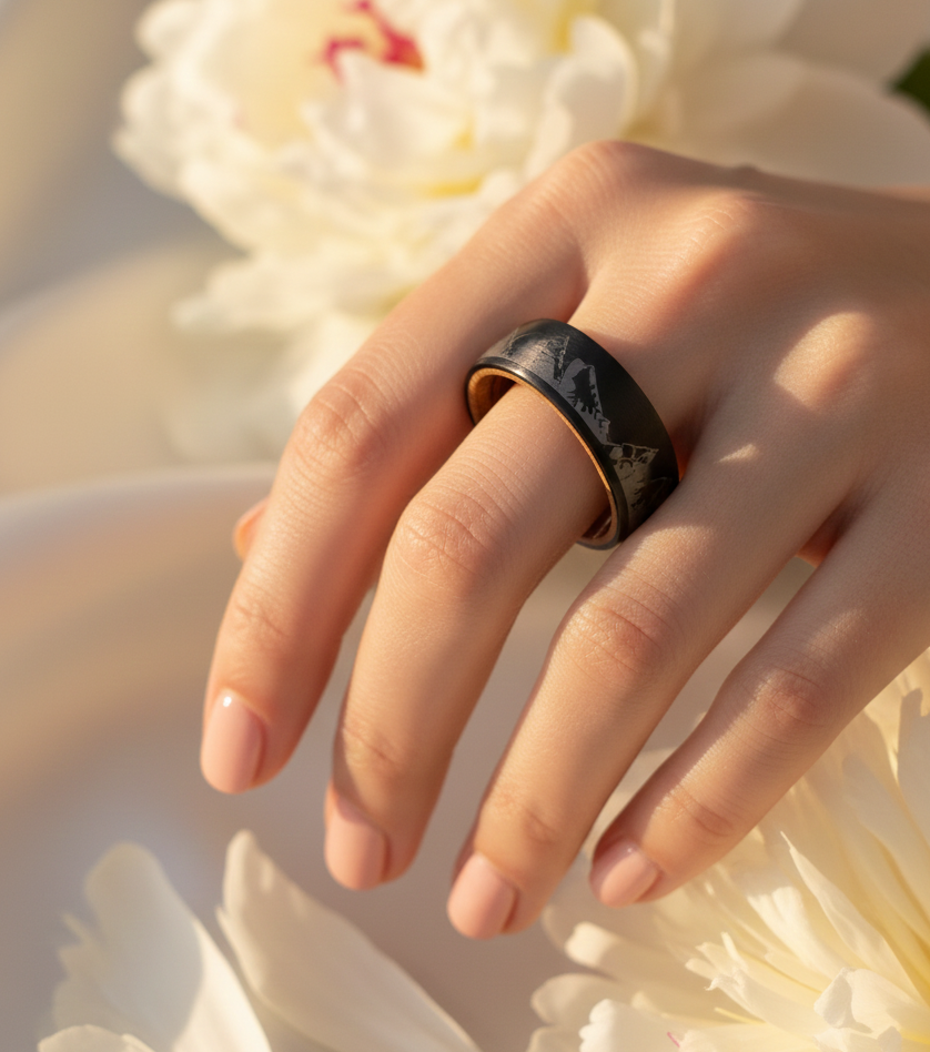 Mountain Tungsten Ring with Whiskey Barrel Wood Line