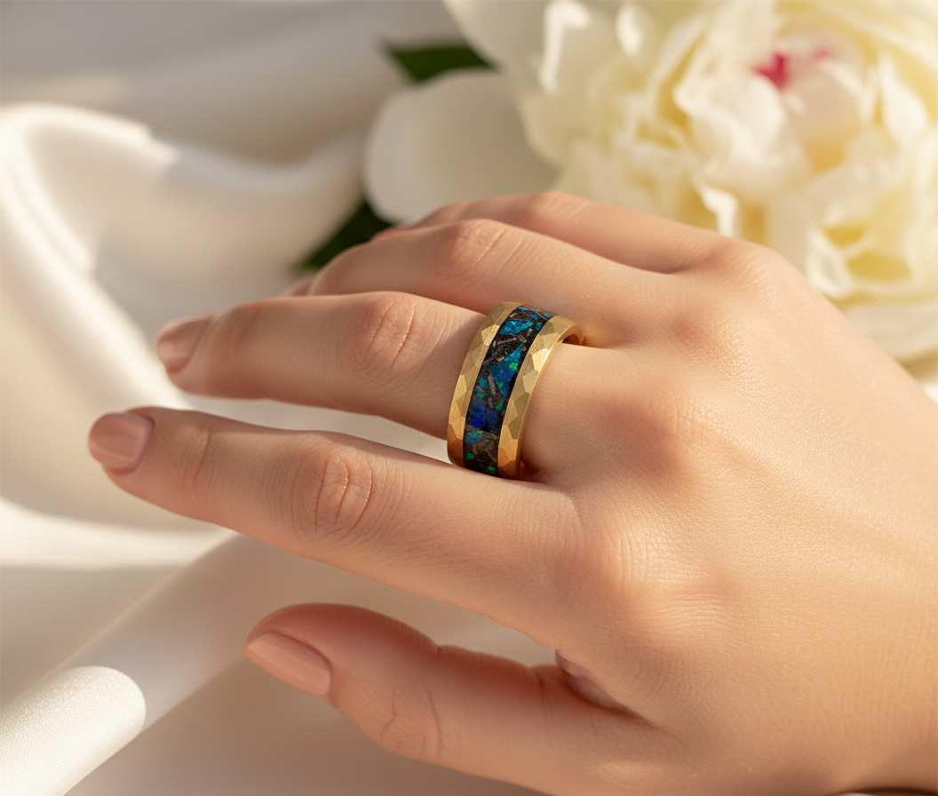 Aurora Radiance Gold Plated Tungsten Ring with Opal Inlay