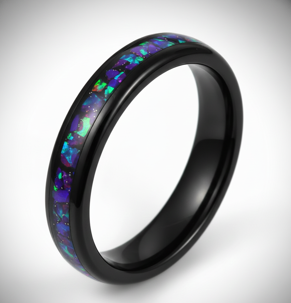 Midnight Aurora Black Plated Tungsten Ring with Alexandrite Inlay