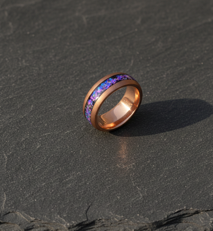 Cosmic Ember Sandblasted Coffee Tungsten Ring with Nebula Inlay