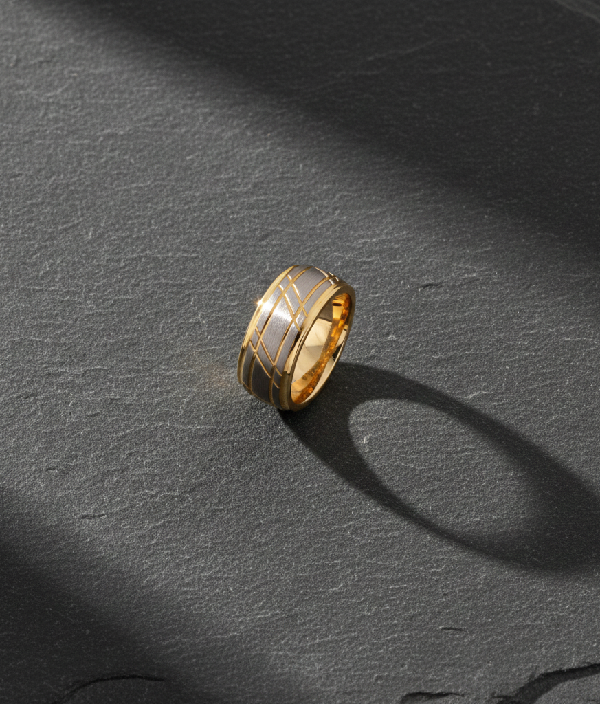 Imperial Weave Gold Plated Tungsten Ring with Brushed Silver