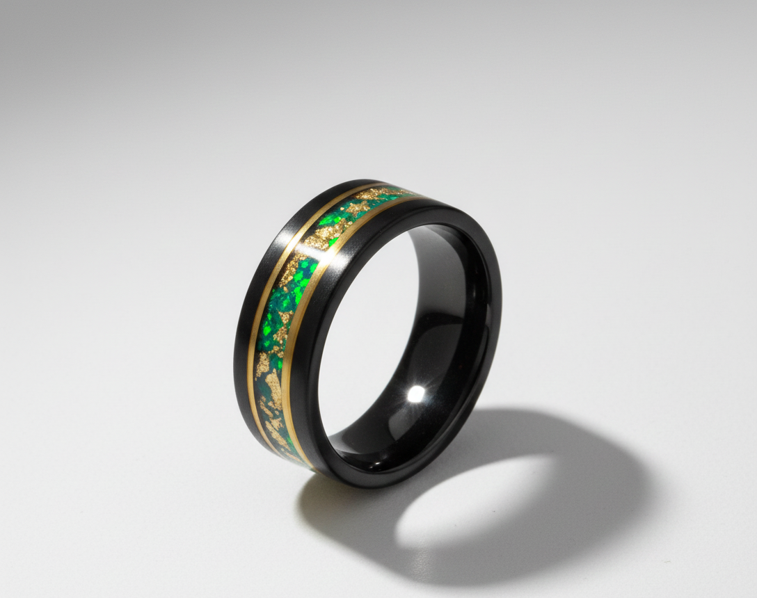 Nocturne Gilded Black & Rose Gold Tungsten Ring with Stone and Gold Leaf Inlay