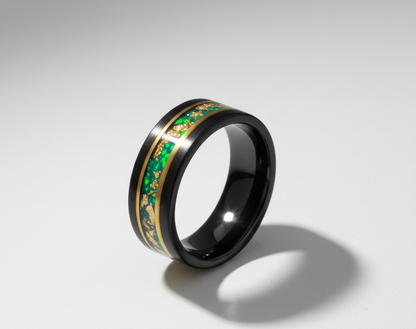 Nocturne Gilded Black & Rose Gold Tungsten Ring with Stone and Gold Leaf Inlay