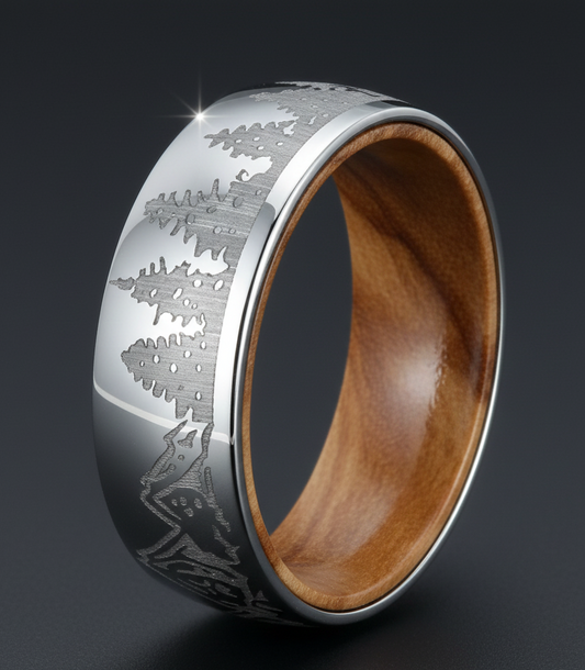 Tungsten Ring Nature Images with Whiskey Barrel Wood Liner