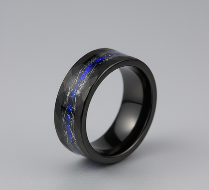 Cosmic Rift Hammered Black Tungsten Ring with Nebula Foil Inlay