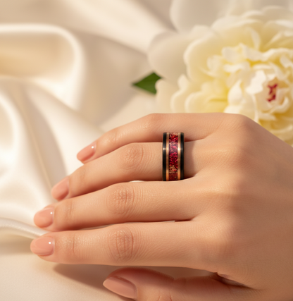 Eclipse Artisan Black & Rose Gold Tungsten Ring with Stone and Gold Leaf Inlay