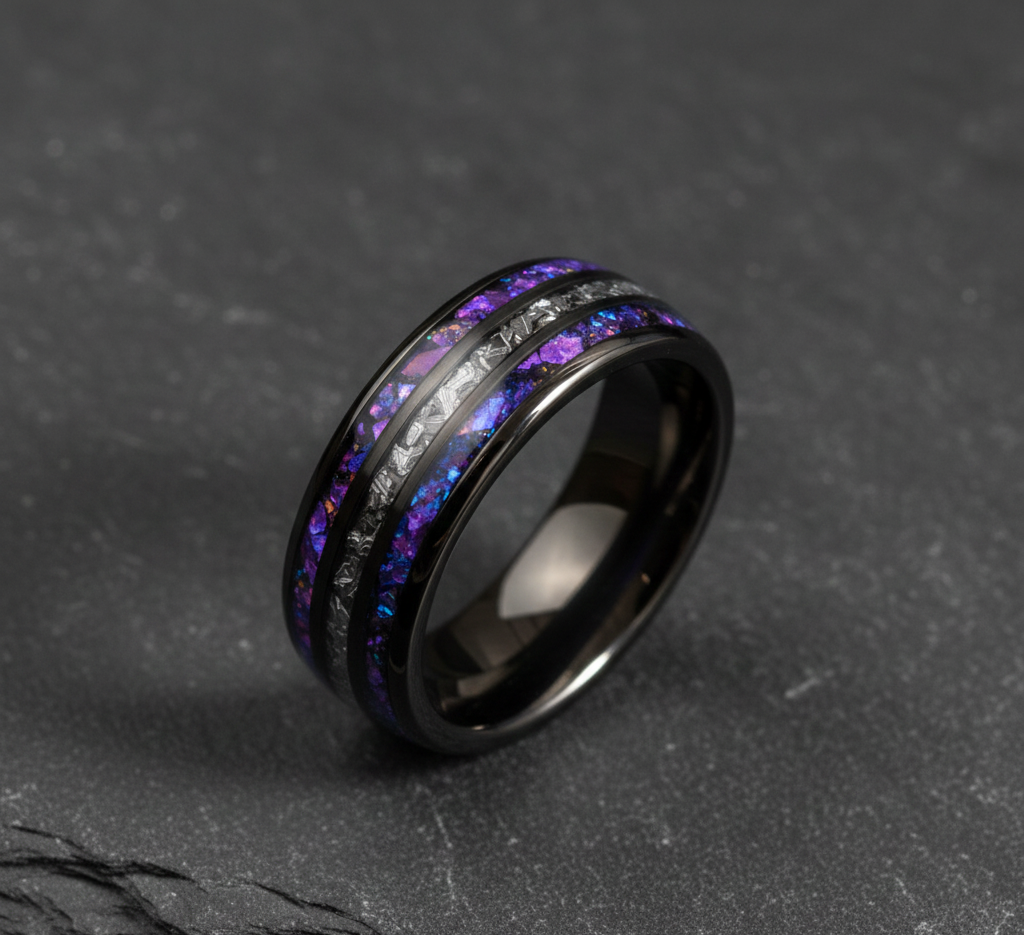 Celestial Dominion Gunmetal Tungsten Ring with Dual Nebula Galaxy Inlay and Meteorite Core