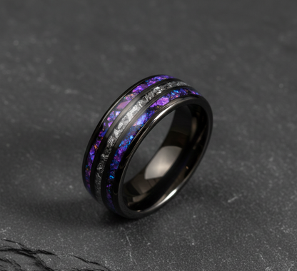 Celestial Dominion Gunmetal Tungsten Ring with Dual Nebula Galaxy Inlay and Meteorite Core