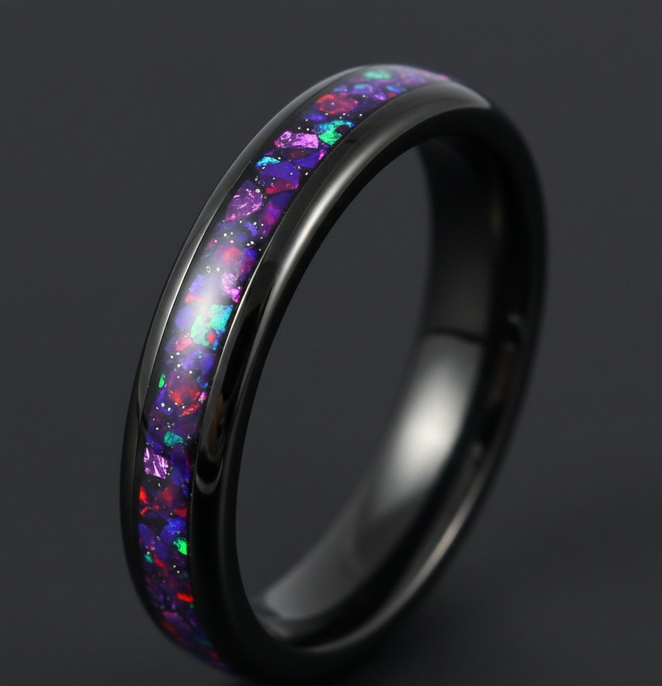 Midnight Aurora Black Plated Tungsten Ring with Alexandrite Inlay