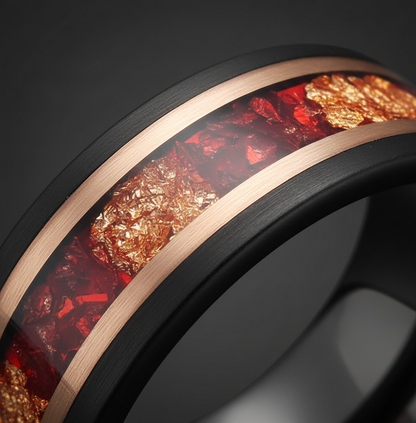 Eclipse Artisan Black & Rose Gold Tungsten Ring with Stone and Gold Leaf Inlay
