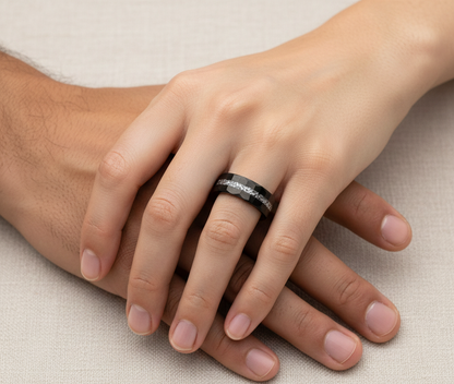 Obsidian Relic Black Tungsten Ring with Crushed Meteorite Inlay
