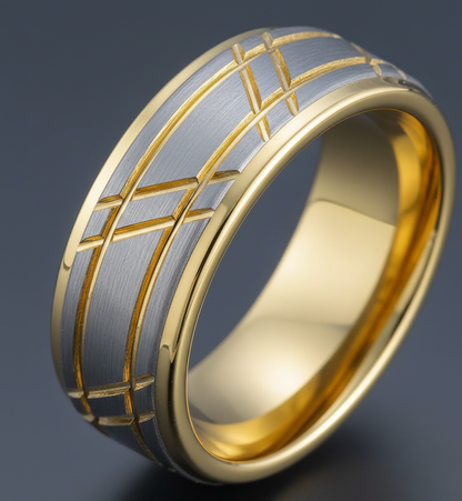 Imperial Weave Gold Plated Tungsten Ring with Brushed Silver