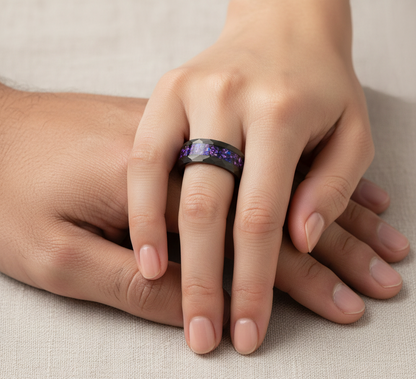 Obsidian Crown Hammered Black Tungsten Ring with Purple Alexandrite Inlay