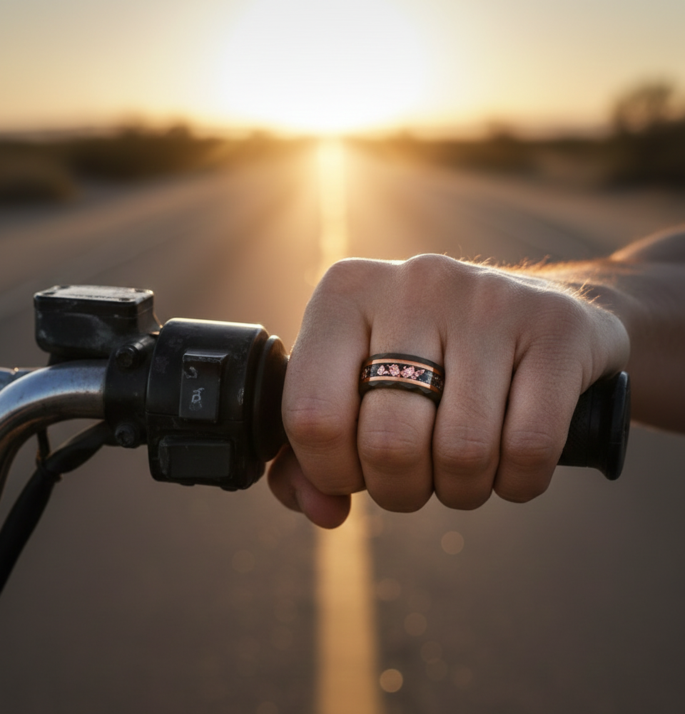 Eclipse Sovereign Black & Rose Gold Tungsten Ring with Meteorite and Rose Gold Leaf Inlay