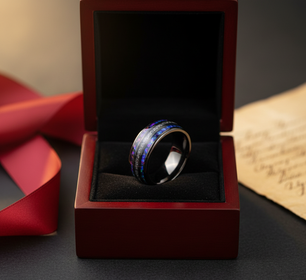 Celestial Dominion Gunmetal Tungsten Ring with Dual Nebula Galaxy Inlay and Meteorite Core