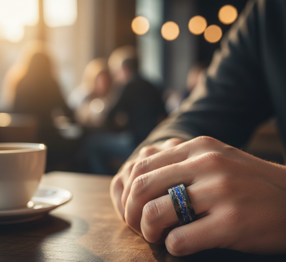 Cosmic Rift Hammered Black Tungsten Ring with Nebula Foil Inlay