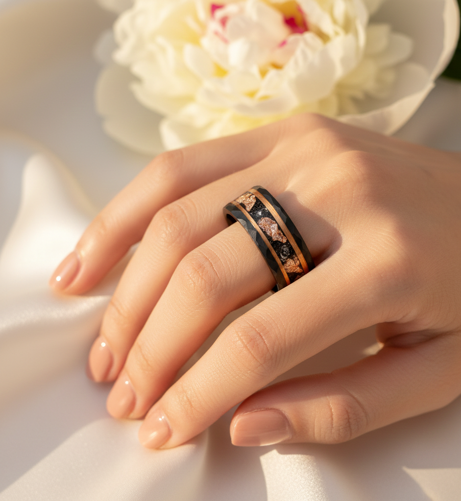 Eclipse Sovereign Black & Rose Gold Tungsten Ring with Meteorite and Rose Gold Leaf Inlay