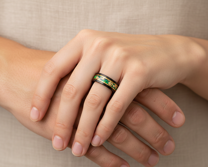 Nocturne Gilded Black & Rose Gold Tungsten Ring with Stone and Gold Leaf Inlay
