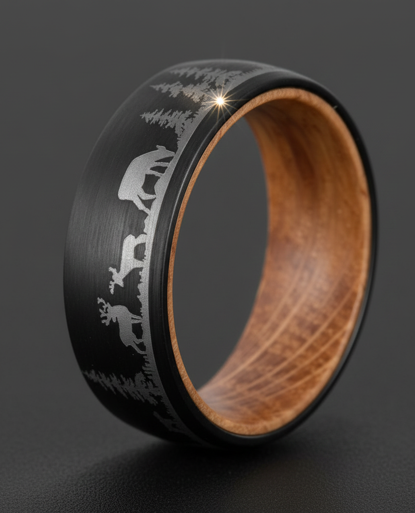 Nature  Tungsten Ring with Whiskey Barrel Wood Liner