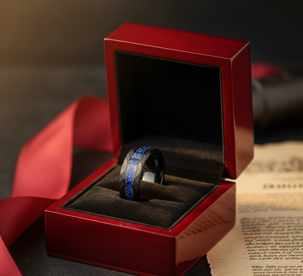 Cosmic Rift Hammered Black Tungsten Ring with Nebula Foil Inlay