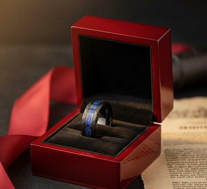 Cosmic Rift Hammered Black Tungsten Ring with Nebula Foil Inlay