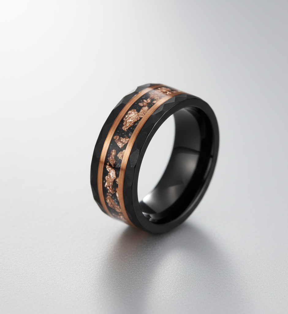 Eclipse Sovereign Black & Rose Gold Tungsten Ring with Meteorite and Rose Gold Leaf Inlay