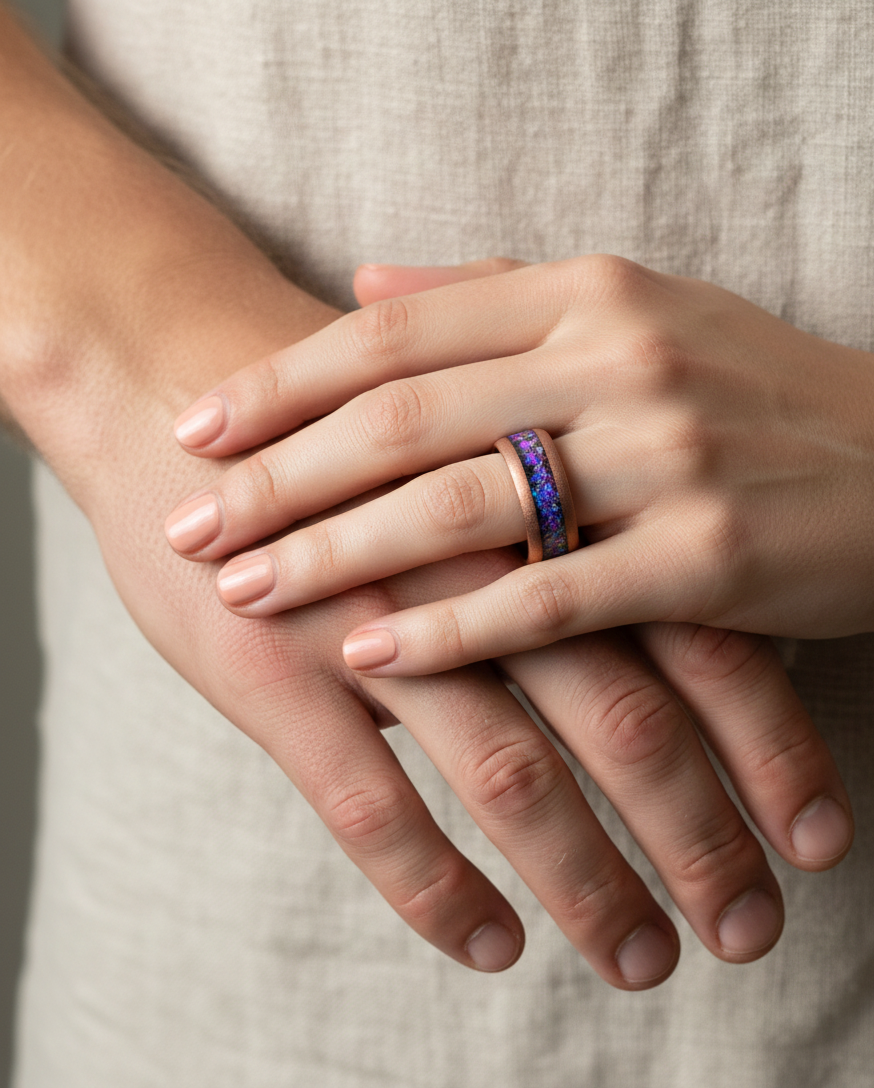 Cosmic Ember Sandblasted Coffee Tungsten Ring with Nebula Inlay