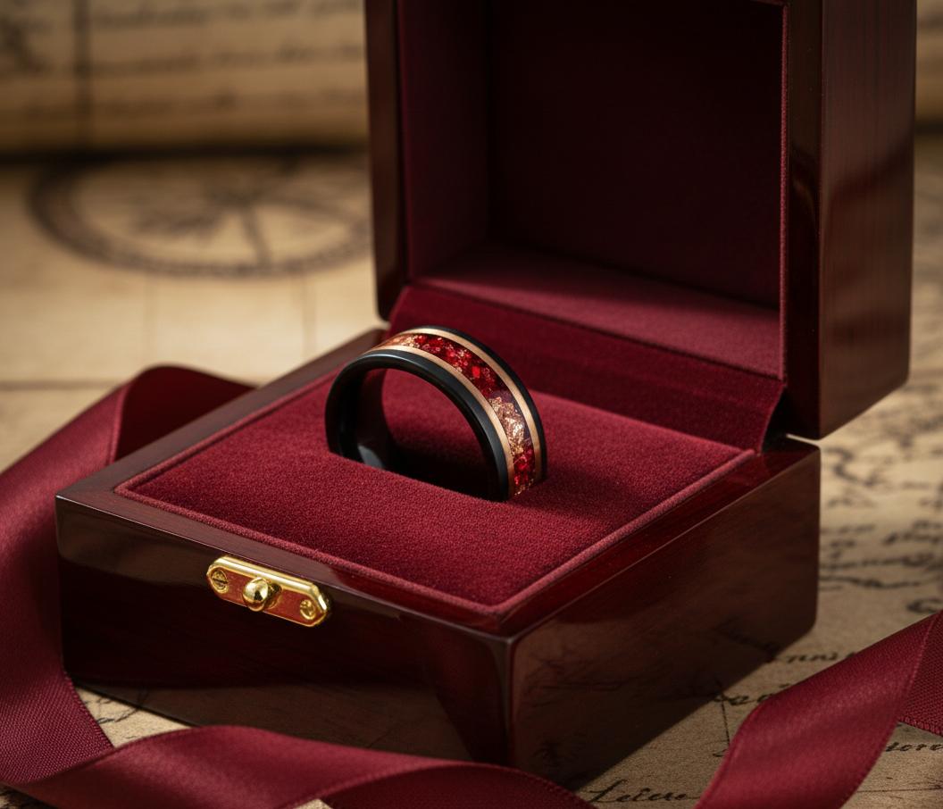Eclipse Artisan Black & Rose Gold Tungsten Ring with Stone and Gold Leaf Inlay